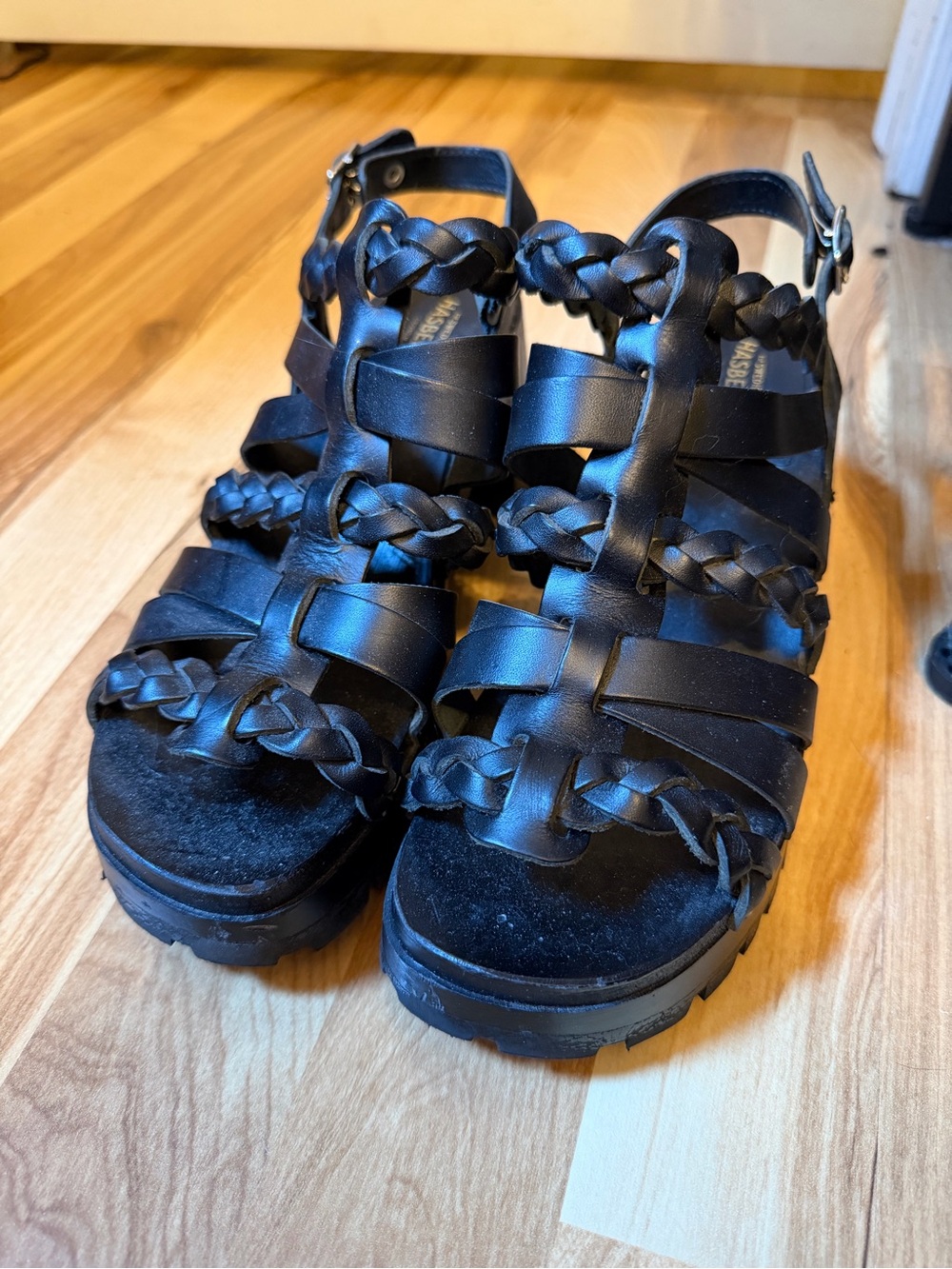 Black Leather Swedish Hasbeens Platform Sandals size 38